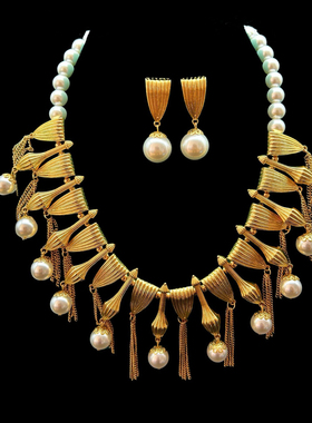 中古Vintage重工夸张复古宫廷风 珍珠气质优雅高级感项链耳钉套装