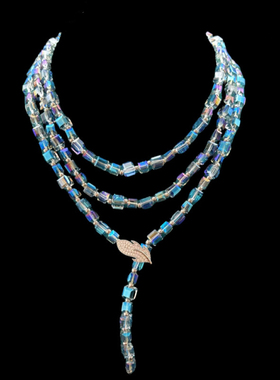 Vintage手工串珠异彩方形水晶琉璃长款毛衣链树叶满锆扣头项链