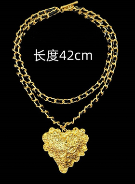 Vintage电镀真金皮子链叠戴熔岩纹理夸张大爱心吊坠项链耳钉套装