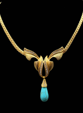 中古Vintage西洋复古满镶重工水滴绿松石蝴蝶结锁骨项链耳钉套装