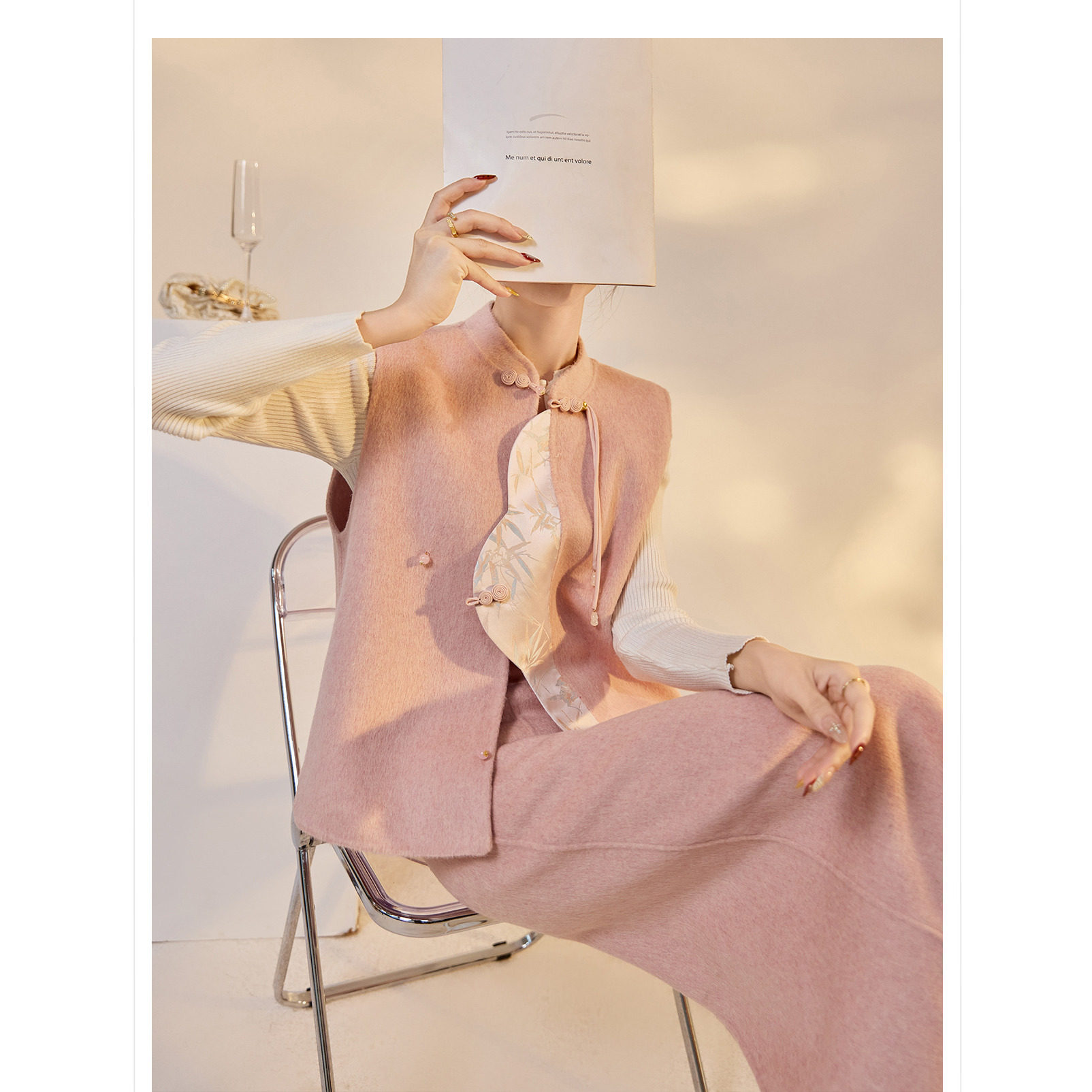 高端版温柔粉色国风套装秋冬羊毛立领盘扣斜襟马甲半身裙两件套女,淘宝优惠券,粉丝福利购,淘宝优惠卷