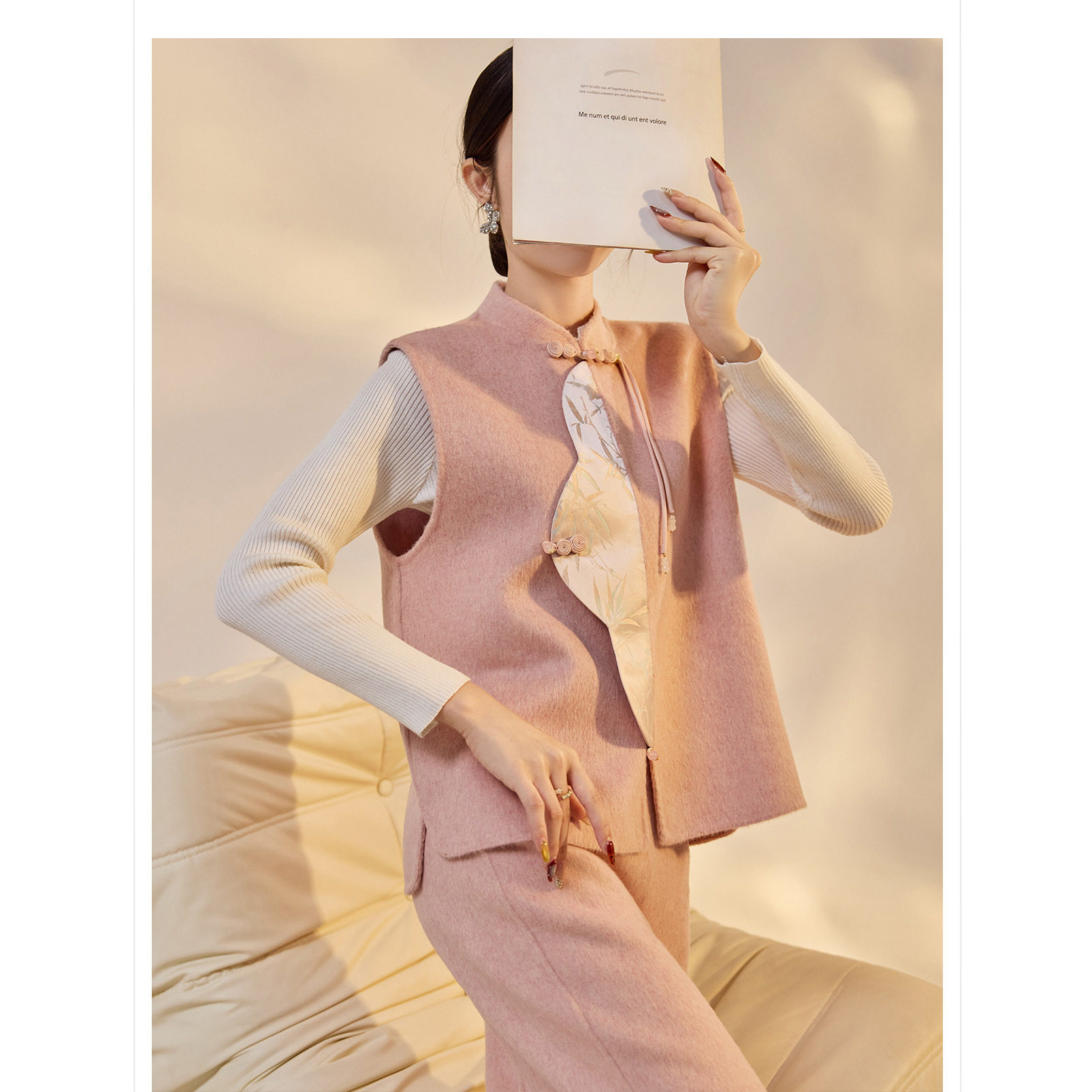 高端版温柔粉色国风套装秋冬羊毛立领盘扣斜襟马甲半身裙两件套女,淘宝优惠券,粉丝福利购,淘宝优惠卷