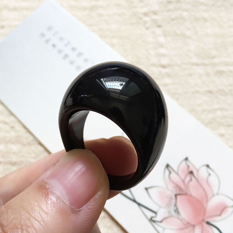 Natural black agate finger ring for men and women, domineering personality, exaggerated chalcedony water droplets, wealth-gathering style, niche cold style ring