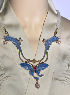 汉服马面裙项链仿烧蓝流苏璎珞新中式原创古风仿珍珠旗袍项链