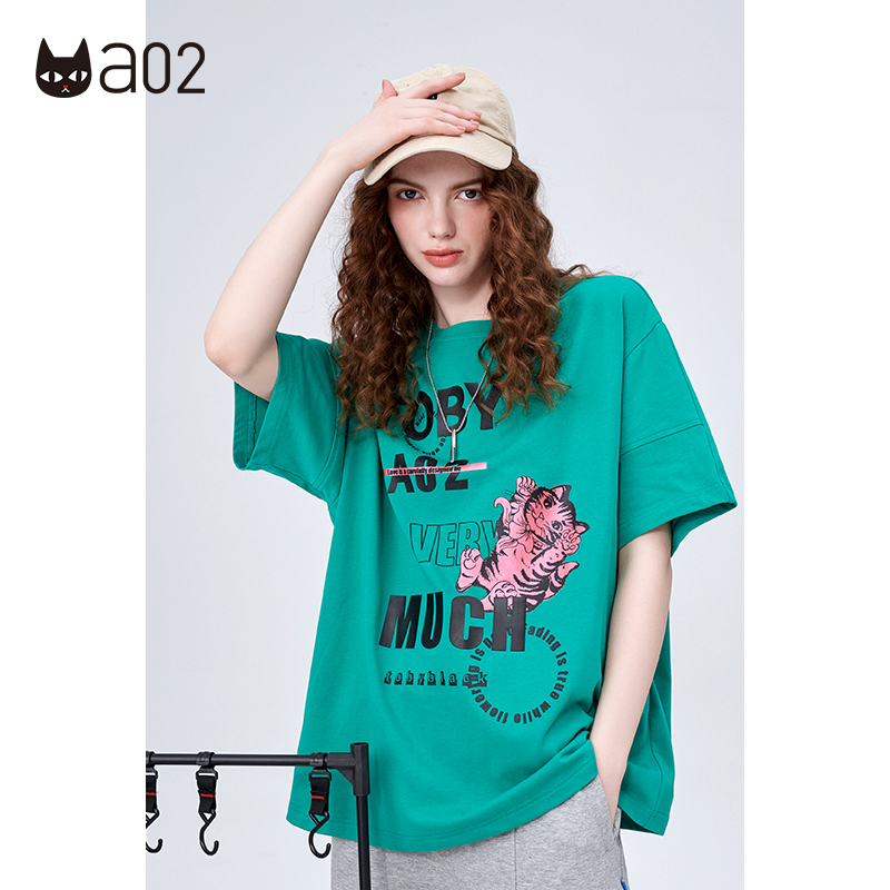 a02国潮复古街头猫咪纯棉短袖T恤夏季新品小众设计显瘦上衣女