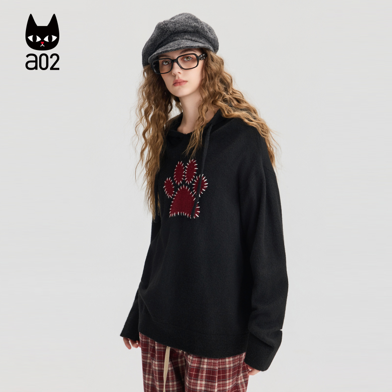 a02宽松灰色连帽针织衫女2025新款秋季通勤百搭休闲毛衣秋装上衣 - 图1