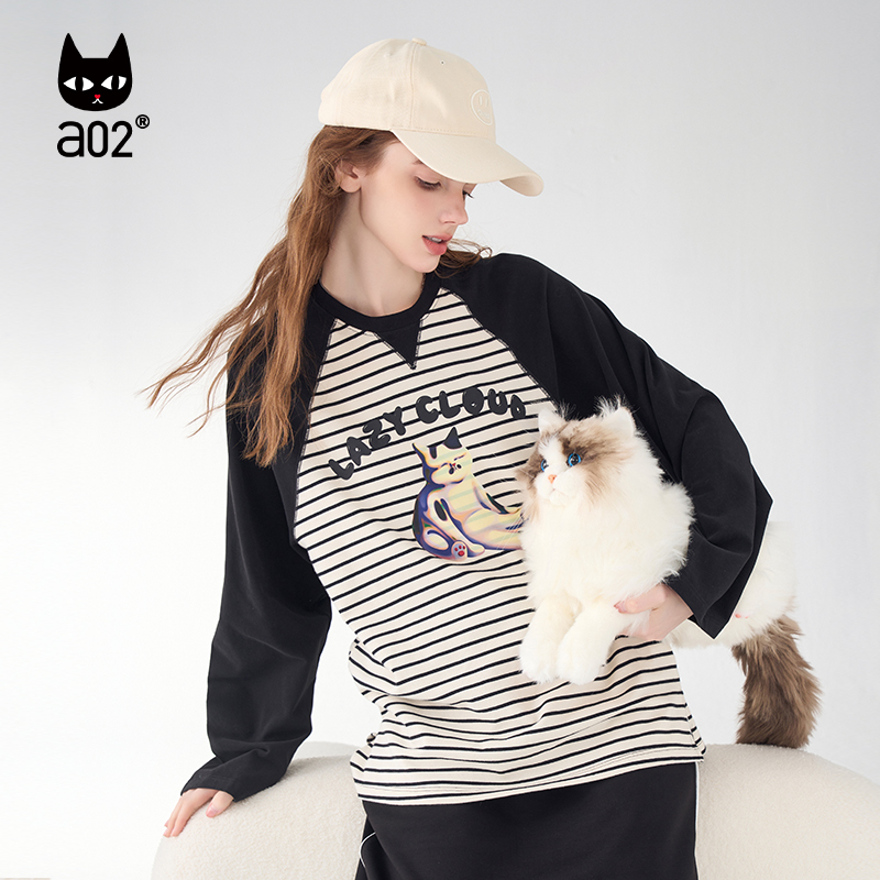 【Fuzzy style】a02猫咪印花长袖T恤上衣女内搭打底2024秋季新品 - 图0