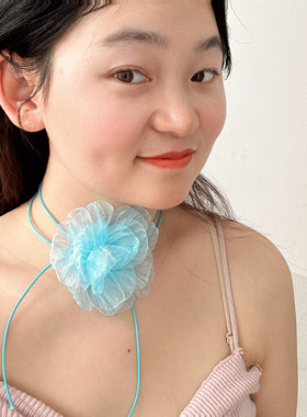 仙气彩色绢纱花朵绑带项链晚宴礼服choker项圈超仙女性感颈带腕带