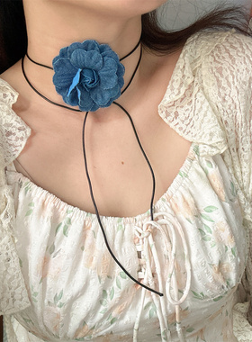 ins蓝色牛仔山茶花颈链choker法式气质项链脖链夏季出游锁骨链女