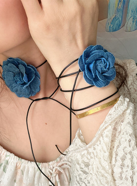 ins蓝色牛仔山茶花颈链choker法式气质项链脖链夏季出游锁骨链女