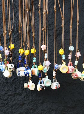 卡卡KA景德镇陶瓷项链甜美可爱小杯子动物涂鸦星星串珠锁骨链学生