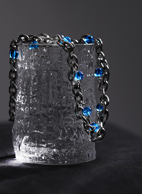 雅痞蓝色圆珠拼接钛钢项链女ins