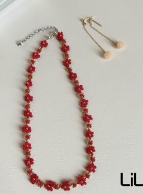 夏日花朵串珠项链红色超仙少女感温柔礼物首饰
