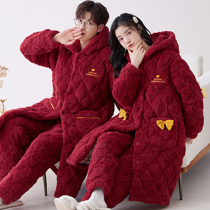 情侣睡衣冬季珊瑚绒三层夹棉大红色睡袍精致睡衣结婚新婚情侣套装
