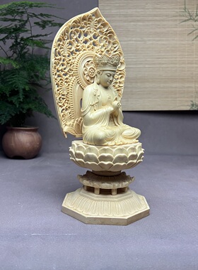 桧木镂空毗卢遮那佛观音像摆件