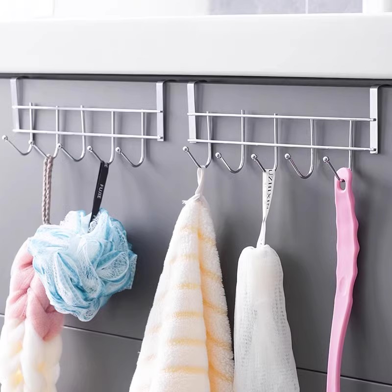 不锈钢橱柜门背5连挂钩置物卡夹钩 厨房免打孔锅铲汤勺收纳沥水架