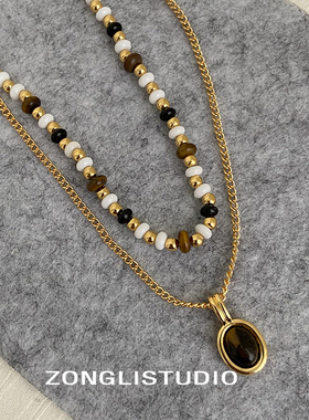 纵里双层叠戴虎睛石吊坠项链女