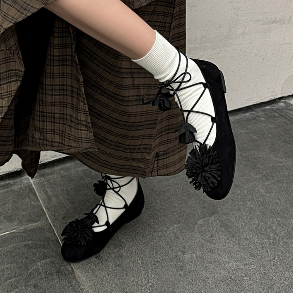 法式磨砂皮毛球玛丽珍鞋女绑带平底芭蕾舞鞋温柔风真皮单鞋小皮鞋,淘宝优惠券,粉丝福利购,淘宝优惠卷