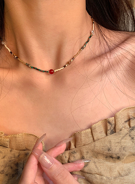 0.5+彩色串珠仿珍珠项链女2025新款爆款锁骨链小众颈链配饰新中式