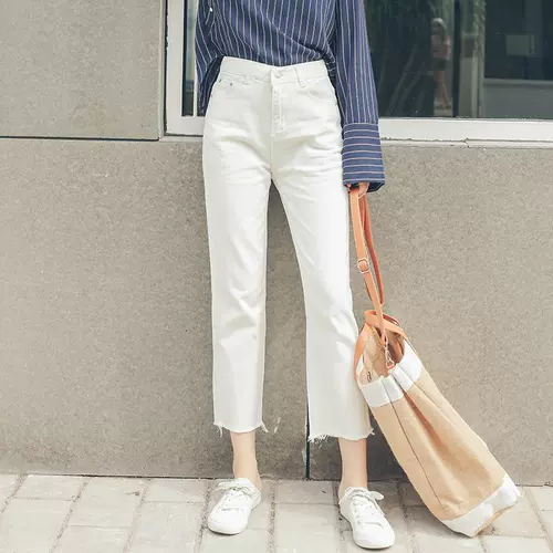 Белые цветные джинсы, тонкие летние штаны для школьников, свободный прямой крой, высокая талия, в корейском стиле