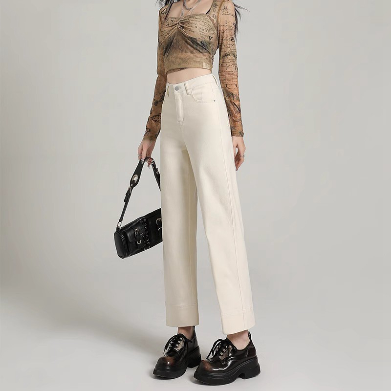 白色九分加绒烟管裤直筒牛仔裤秋冬高腰显瘦宽松休闲小个子法棍裤 - 图1