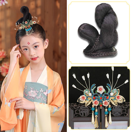 儿童飞天假发汉服造型头饰套装古装发包唐风明宋发髻可爱日常发包 - 图1
