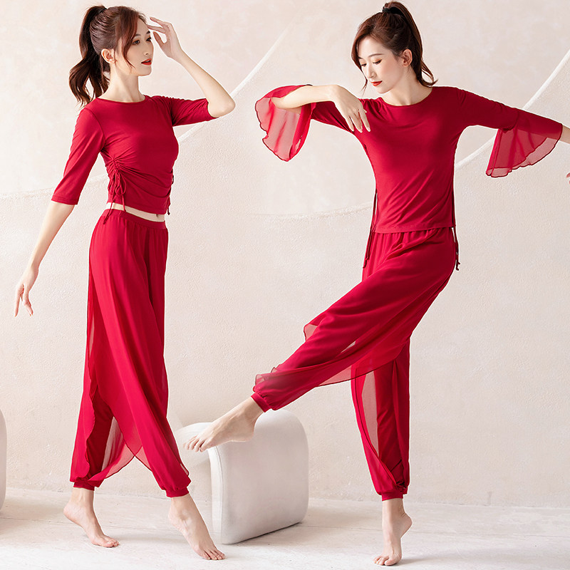 舞韵枣红白色飘逸雪纺裤两侧抽绳喇叭袖团体拍照表演舞蹈服瑜伽服,淘宝优惠券,粉丝福利购,淘宝优惠卷
