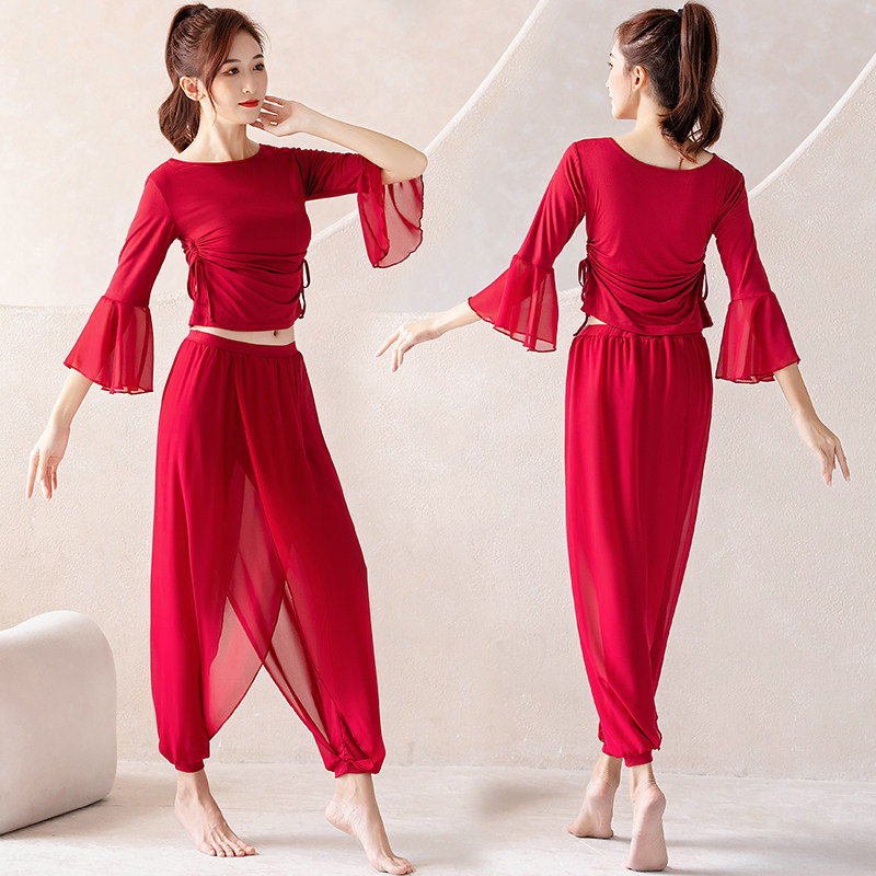 舞韵枣红白色飘逸雪纺裤两侧抽绳喇叭袖团体拍照表演舞蹈服瑜伽服,淘宝优惠券,粉丝福利购,淘宝优惠卷