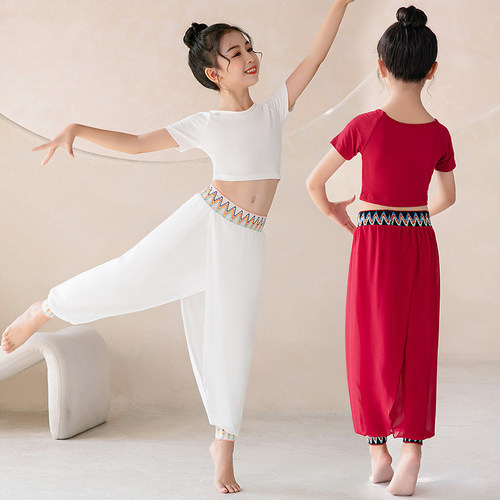 儿童亲子瑜伽舞蹈练功民族风白色枣红纱裤飘逸拍照团体户外表演服 - 图0