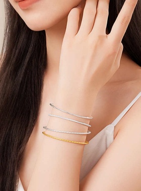 潮宏基s925银手镯素圈手饰银饰磨砂光面三生三世简约百搭礼物女