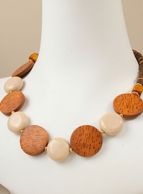 爆款民族风复古木质大圆片毛衣链