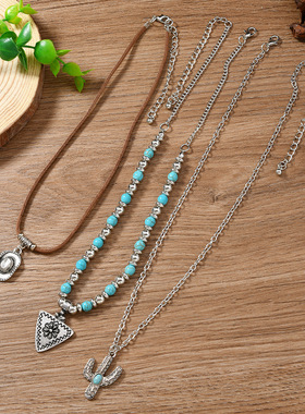 necklace新款女士叠戴项链西部风仙人掌牛头帽子松石绒布颈链现货