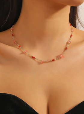 时尚个性新品2024春夏款欧美项链碎石双层高级感ins 珍珠锁骨链