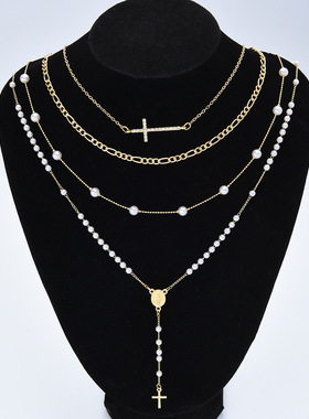 欧美新款多层叠戴复古仿珍珠锁骨