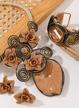 夸张复古花朵吊坠项链三件套手工