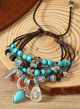 新品欧美民族风波西米亚绿松石牛头帽子流苏手工多层手链手绳