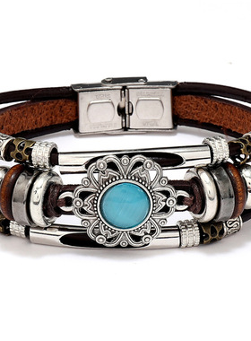 新款复古民族风绿松石猫眼多根皮质不锈钢手链 欧美饰品