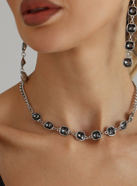 欧美几何黑钻宝石项链耳环三件套