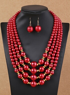 necklace women欧美时尚绚丽多层珍珠气质女士项链耳环套装宴会饰