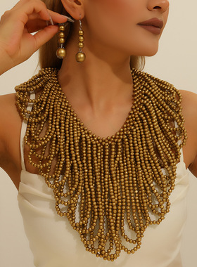 流苏多层蓬松拉花木珠项链耳环套装手工宴会饰品Necklace