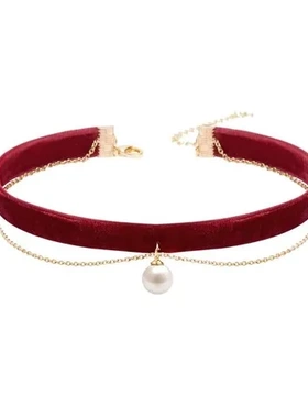 短款新娘饰品珍珠锁骨链项链流苏礼服颈链女项圈酒红色choker