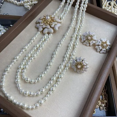 白色项链仙气锁骨链戒指耳环镶钻法式花朵珍珠山茶花优雅滴油,淘宝优惠券,粉丝福利购,淘宝优惠卷