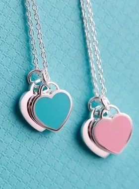 红心双心形项链蓝色滴油爱心925纯银锁骨链亿百嘉珐琅T家女吊坠