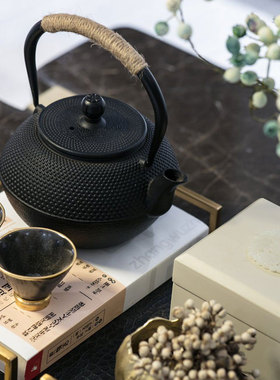 新中式茶室氛围布置摆件样板间茶空间茶柜茶具铸铁茶壶茶杯软装饰