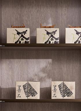 新中式样板间茶室书房茶柜摆件侘寂风高级感茶饼茶叶罐茶叶袋装饰