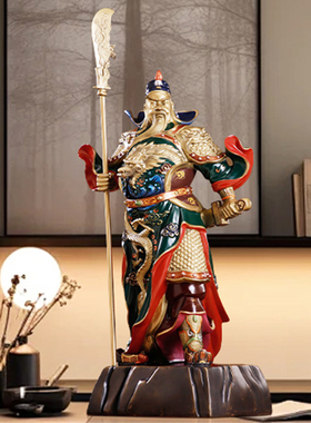 关公摆件纯铜绿袍武财神关羽神像