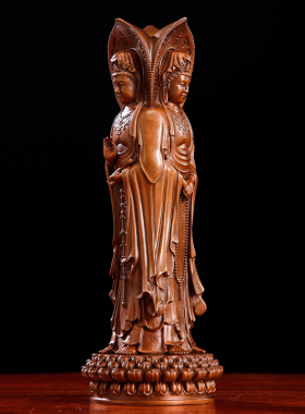 纯铜小号三面南海观音佛像摆件