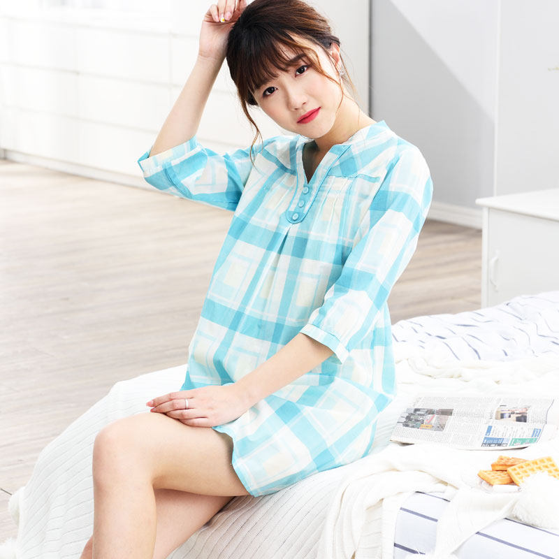 柔可佳睡裙纯棉连衣裙夏季格子短裙 柔可佳睡裙