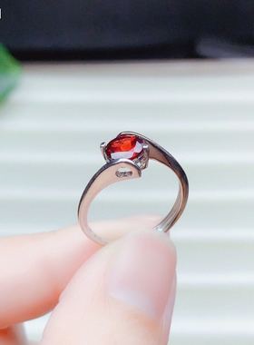 天然日韩风红色活口石榴石戒指