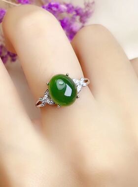 天然老坑和田碧玉戒指女s925纯银